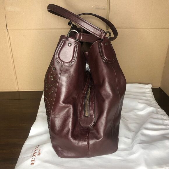 COACH Oxblood Edie Studded Soft Leather Triple Section Turn Lock Shoulder Bag - Picture 7 of 17